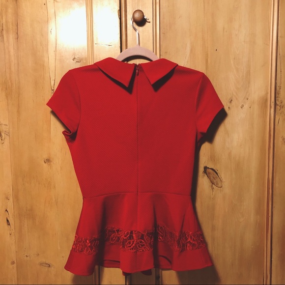 Modcloth Red Collared Top with Illusion Lace Small - Picture 2 of 6